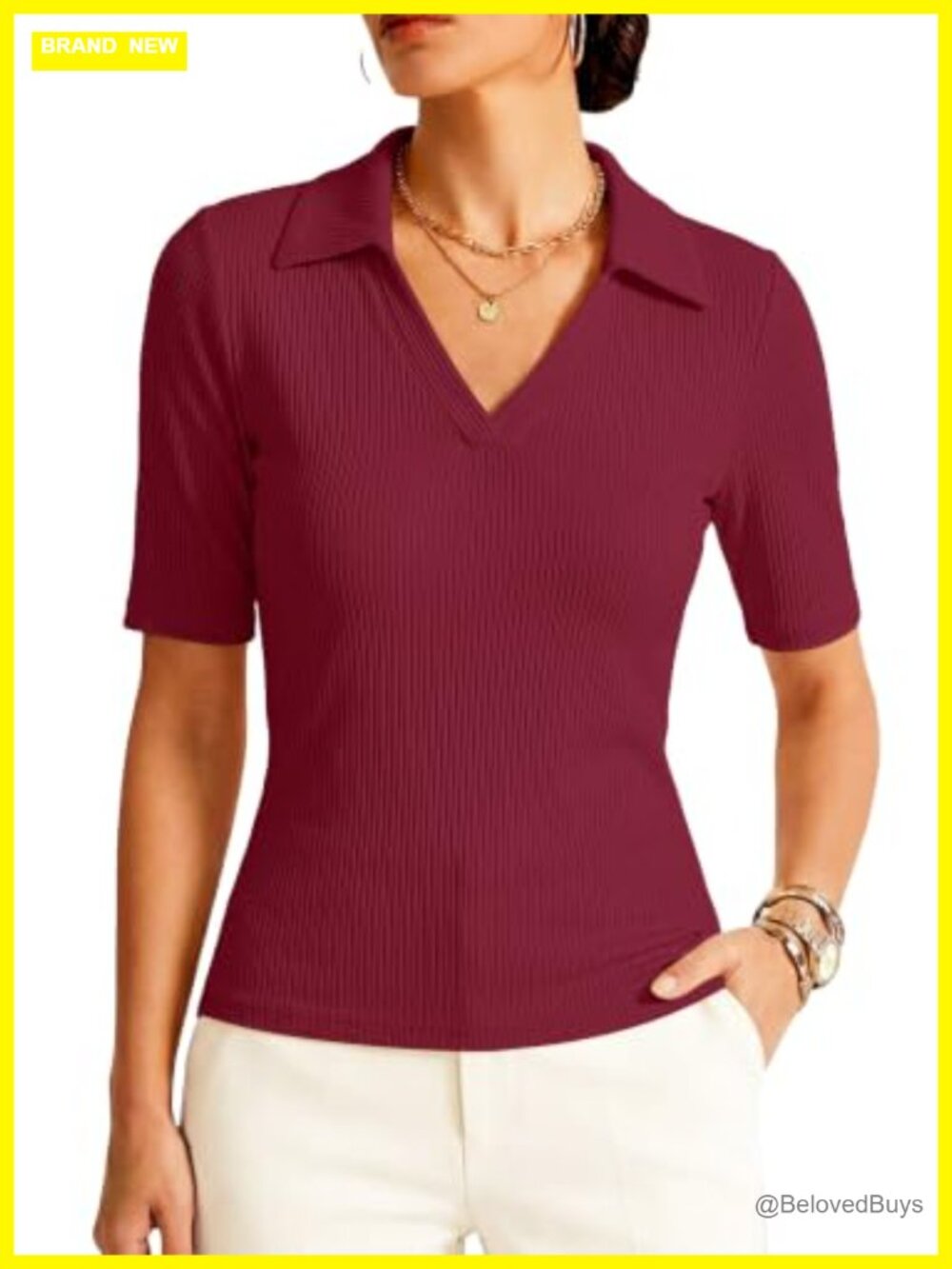 Women's Ribbed Knit V-Neck Polo Shirt Half Sleeve Business Casual Top